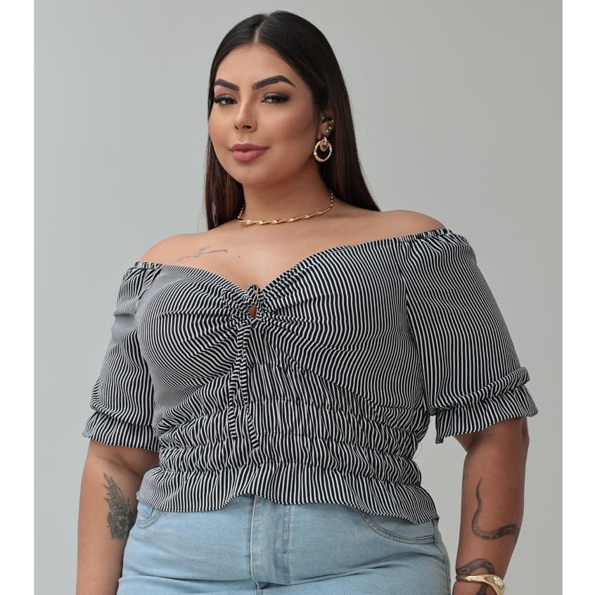 Blusa Cropped Ombro a Ombro, estampado LISTRADO, 44 AO 46 Plus_ Size, Femenina VERÃO, DUNA.