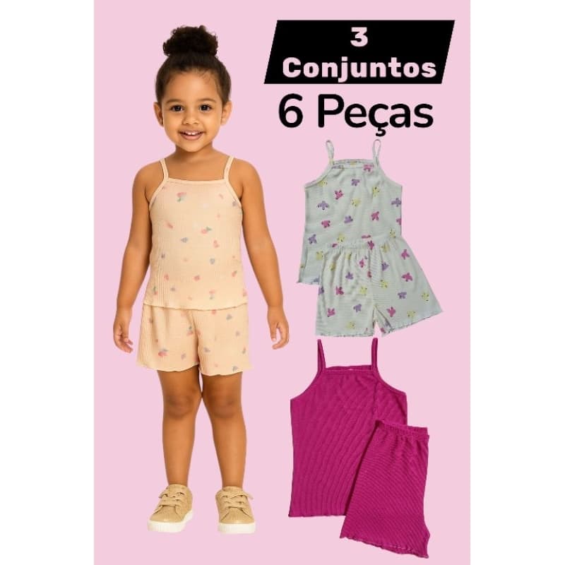Conjunto Infantil Menina Blusa Alcinha + Shorts Tamanho 2 a 10 Anos