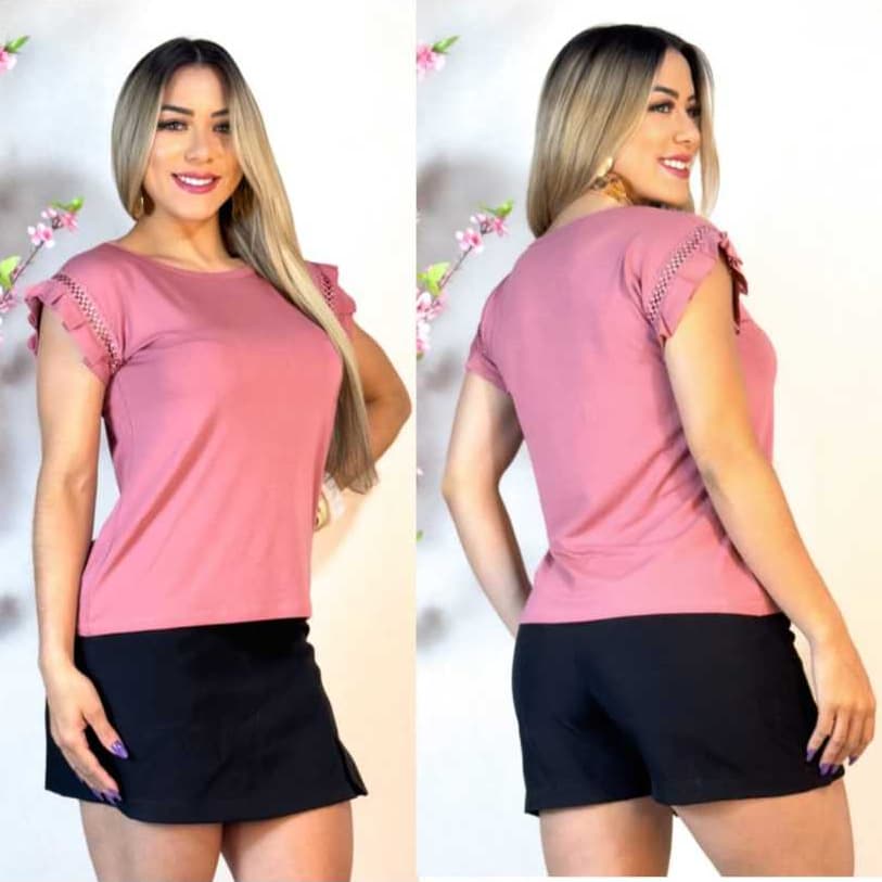 Blusa Manga Babado Discreto Com Detalhe de Renda-Fita[Pérolas Cravejadas Com ou Sem]Gola Redonda T-shirt
