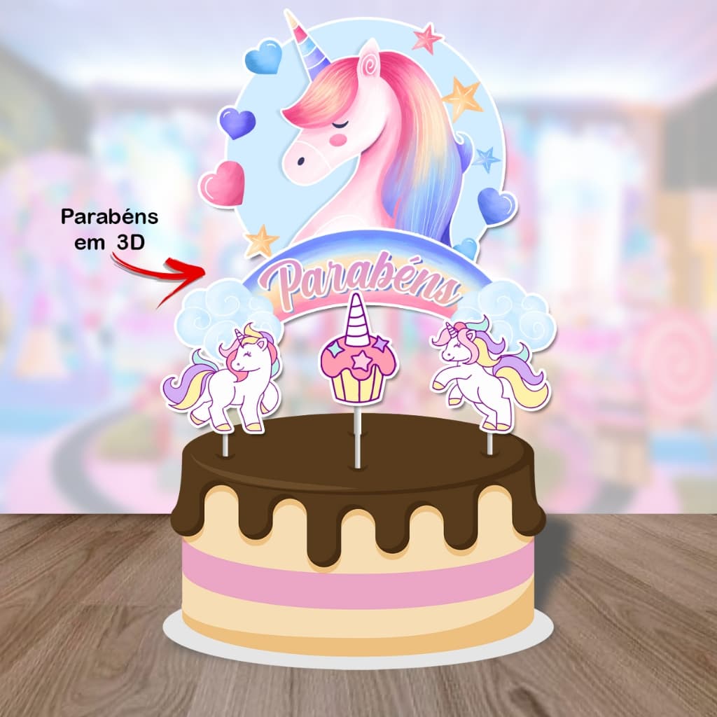 TOPO DE BOLO UNICÓRNIO - DECORAÇÃO UNICÓRNIO - FESTA UNICÓRNIO
