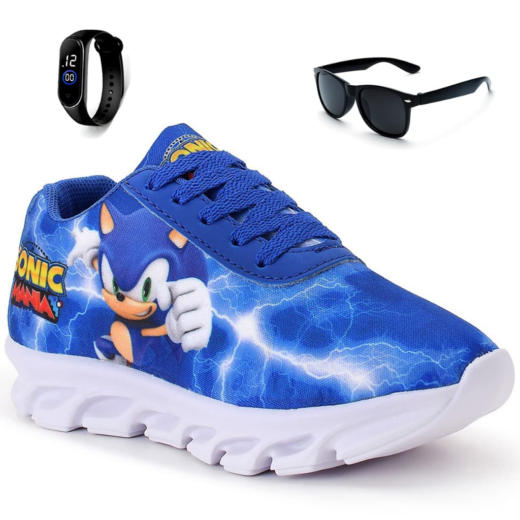 Kit Tênis Infantil Menino Sonic Casual + Relógio Digital + Óculos Henry Kids