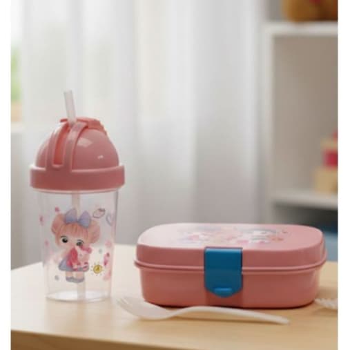 Kit Garrafa Pote Com Talher Branco Infantil com Divisoria ROSA