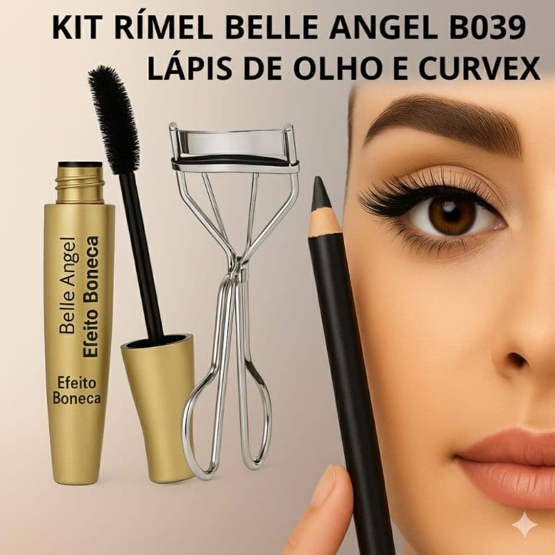 Kit Rímel Belle Angel B039  Efeito Boneca,Lápis de Olho e Curvex