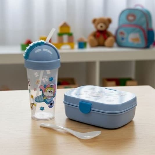 Kit Garrafa Pote Com Talher Branco Infantil com Divisoria AZUL