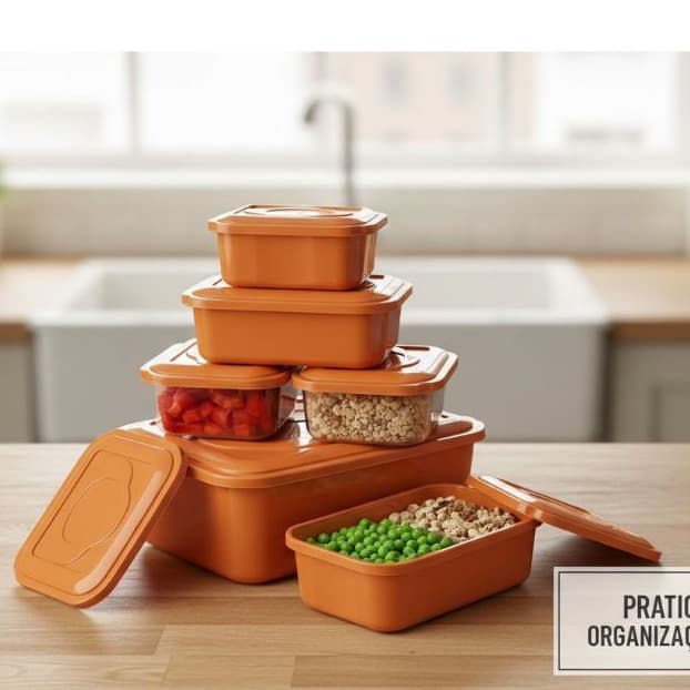 Conjunto Kit de Potes plasticos vasilias Retangulares 5 peças laranja