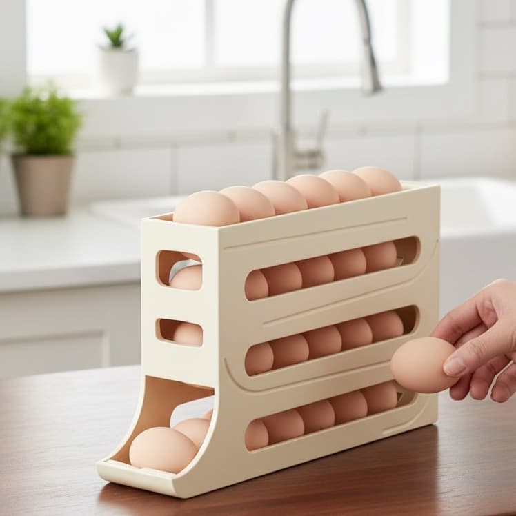 Suporte para Ovos Rolante Dispenser com 4 Camadas para Geladeira Beje