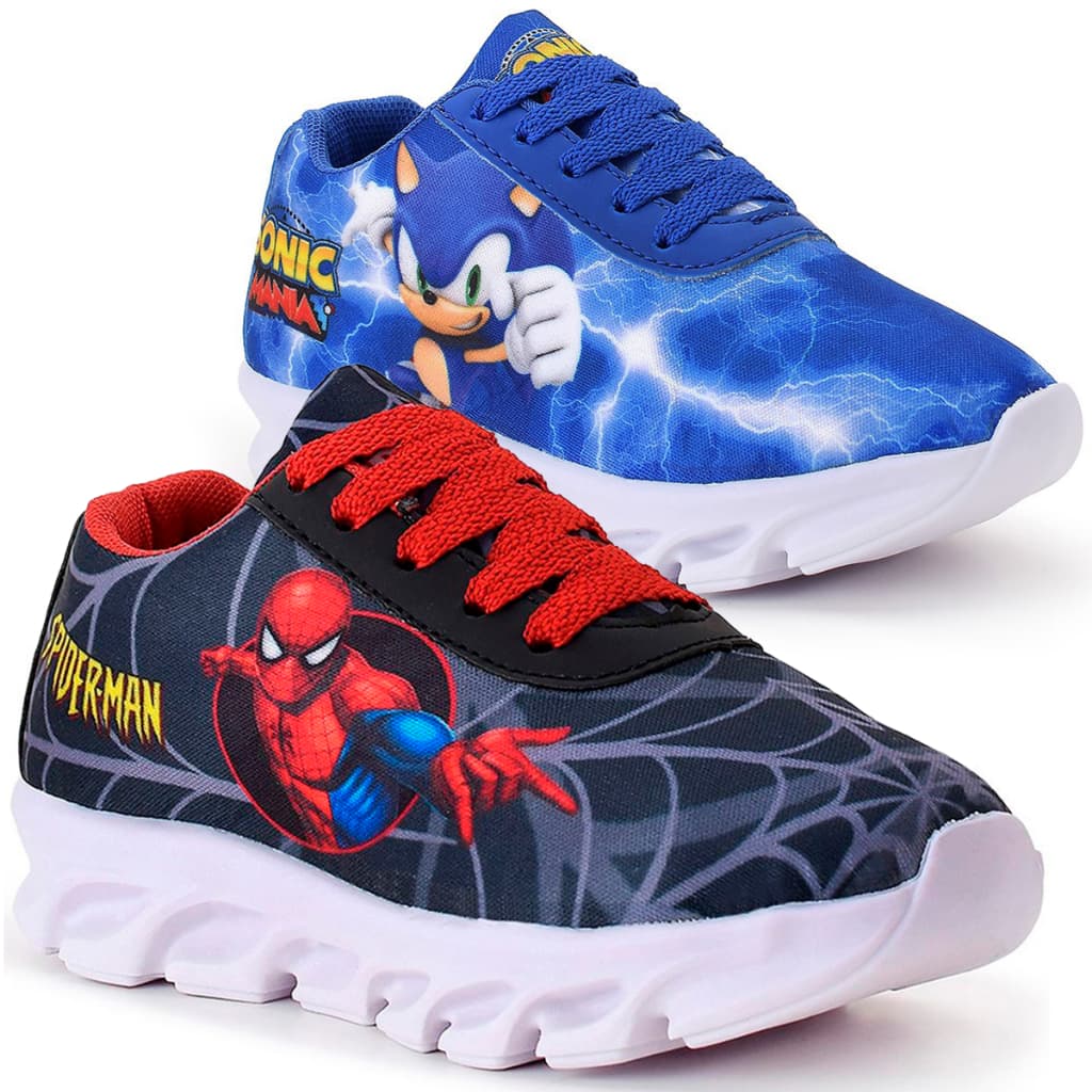 Kit 2 Tênis Infantil Menino Homem Aranha e Sonic Super Confortável e Leve Lançamento