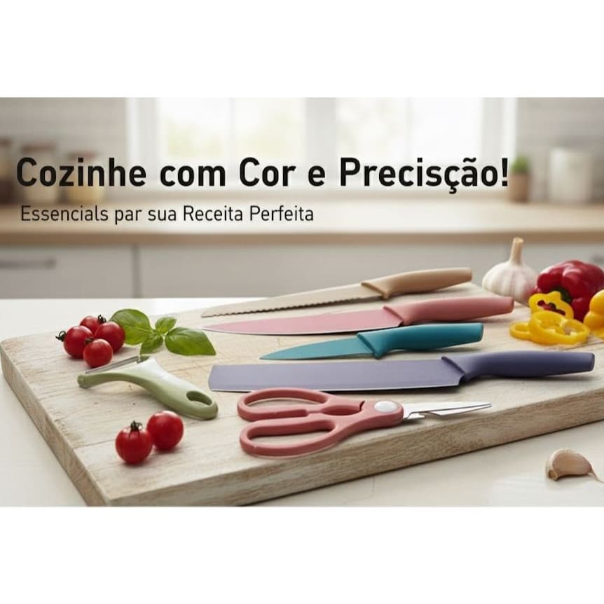Kit 6 Peças Utensílios de Cozinha Inox Colorido Facas Tesoura Descascador