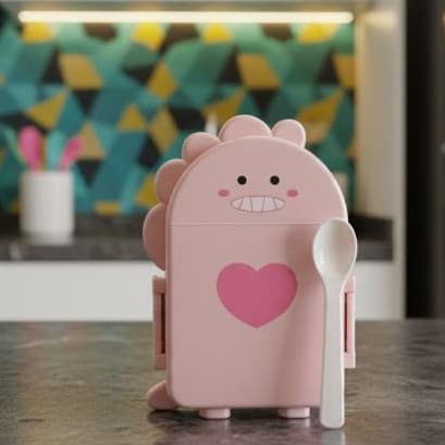 Lancheira Marmita Infantil dinossauro rosa com Divisoria Escolar Completa Com Colher