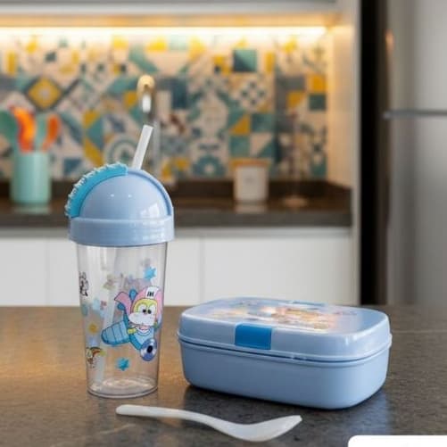 Kit Garrafa Pote Com Talher Branco Infantil com Divisoria AZUL