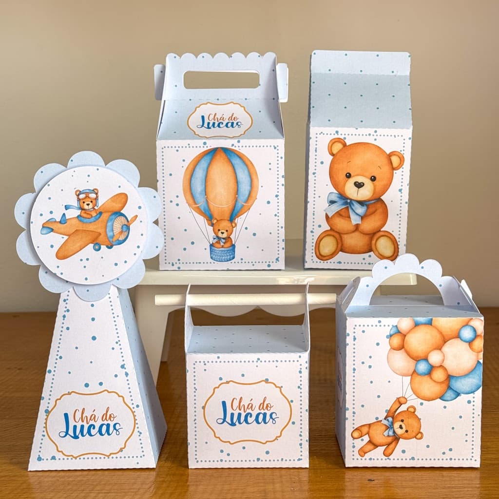 Kit Festa Chá De Bebê Ursinho Azul Menino Papelaria Personalizada Caixinhas Caixa DESMONTADO
