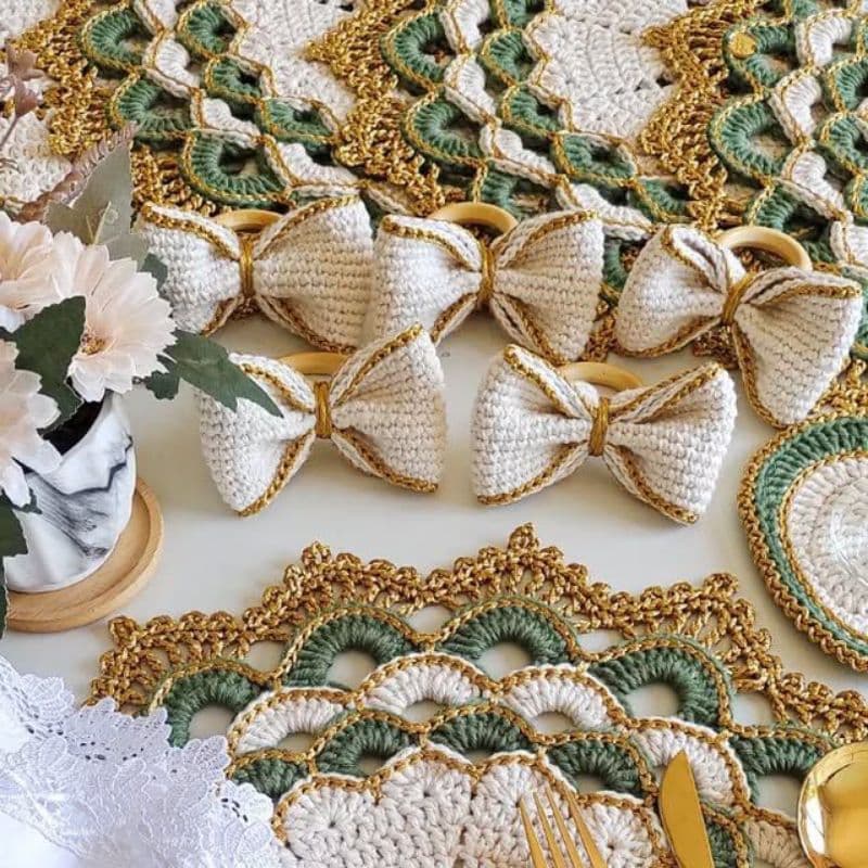 Kit de Porta guardanapo de crochê para mesa posta decoração natalina feito em barbante, rosa, laço, coração, artesanal