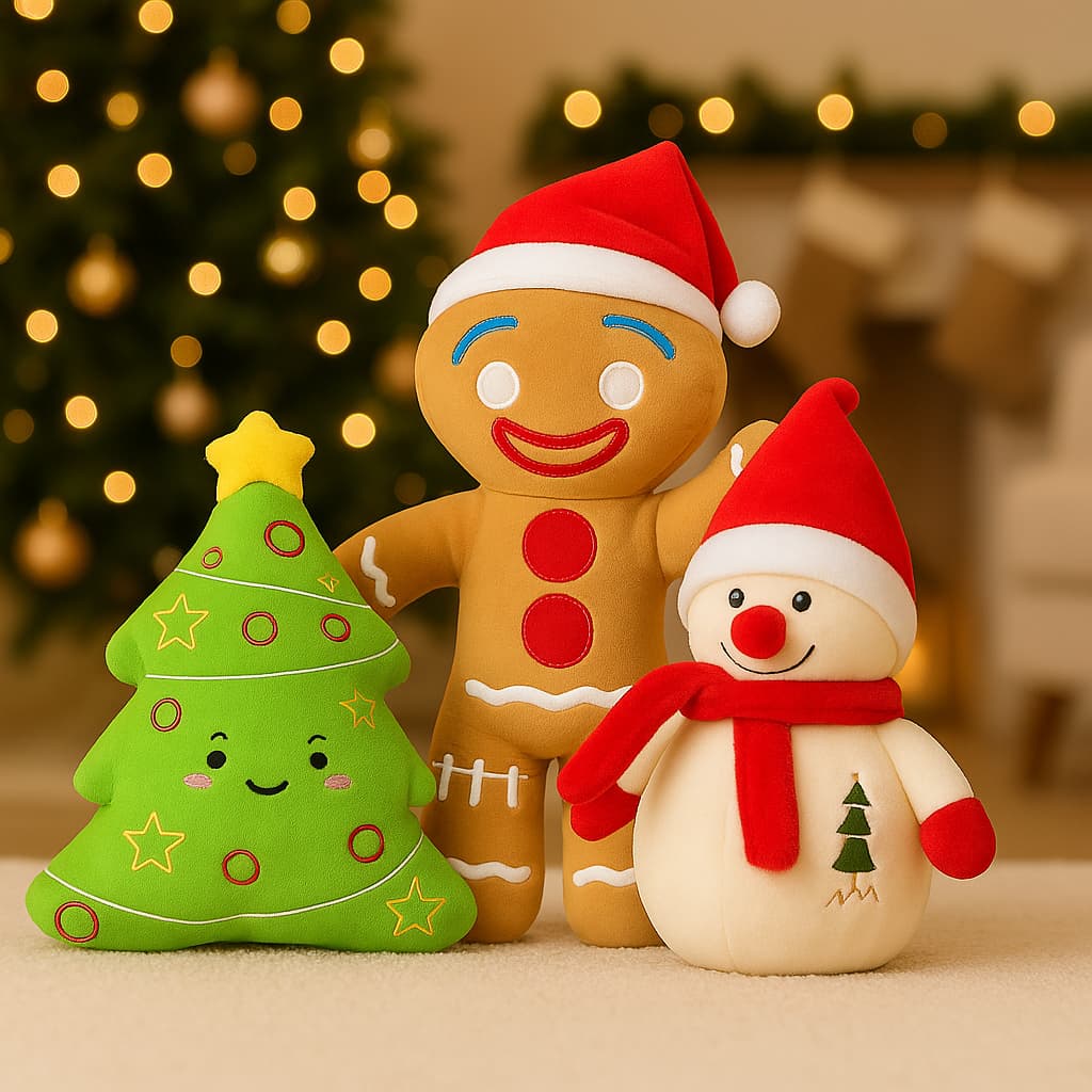 Kit com 3 Pelúcias de Natal - Árvore, Homem Biscoito e Boneco de Neve