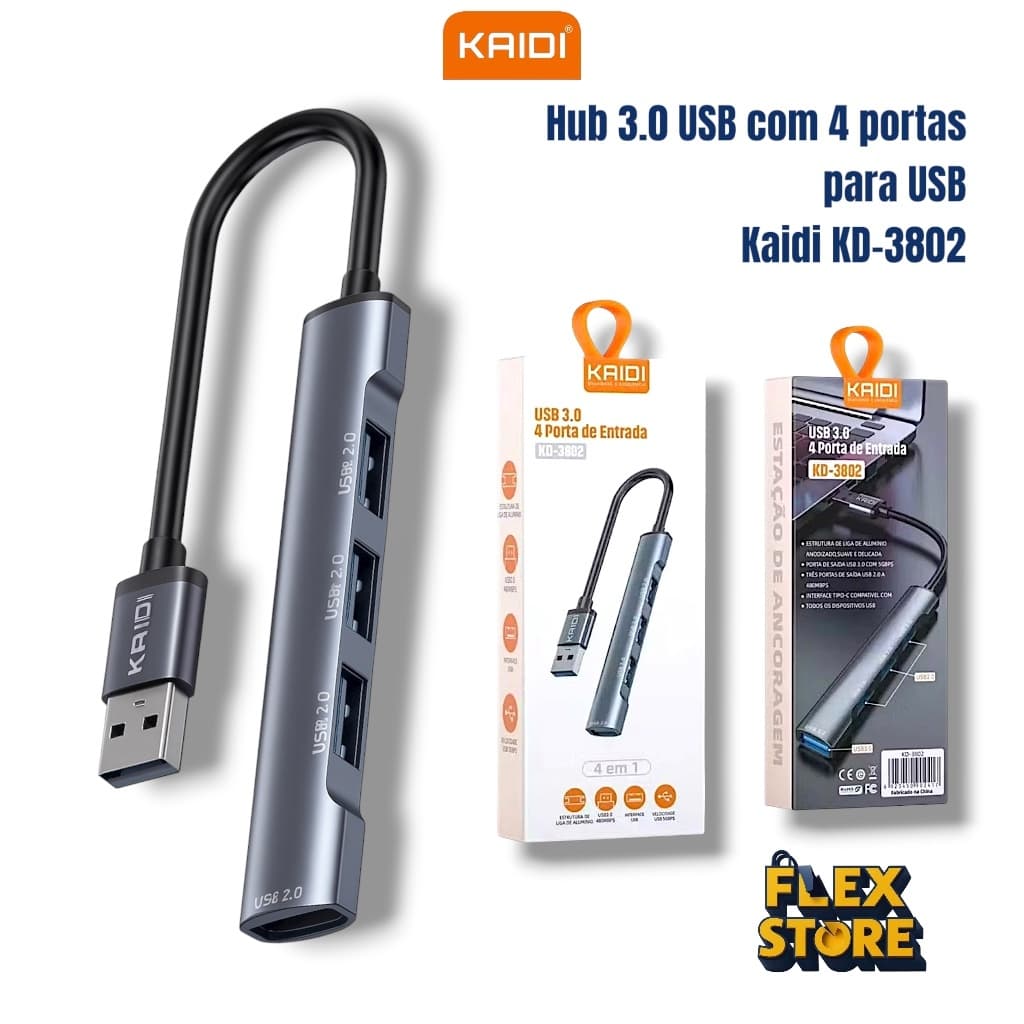 Hub USB 3.0 Kaidi KD-3802 4 em 1 – 4 Portas de Entrada USB , Alta Velocidade 5Gbps
