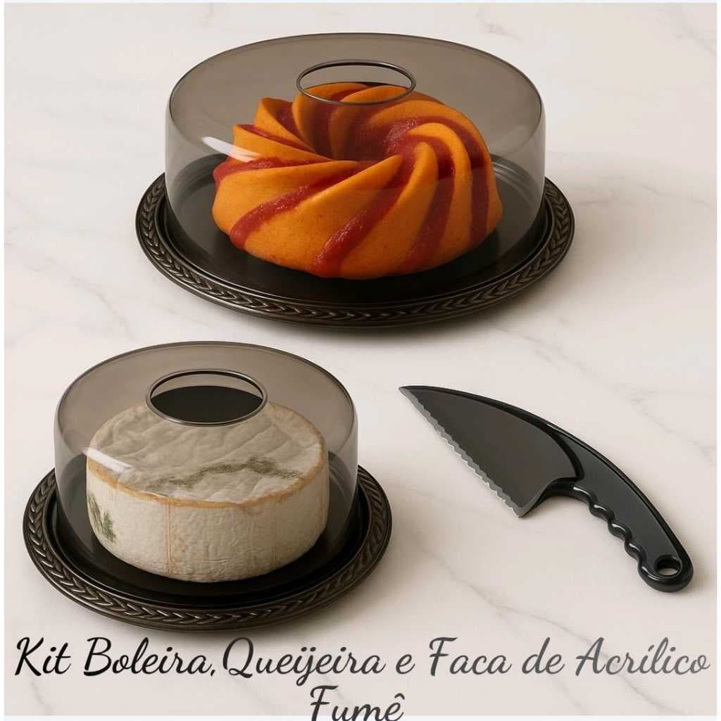 Kit Boleira,Queijeira e Faca de Acrílico Fumê