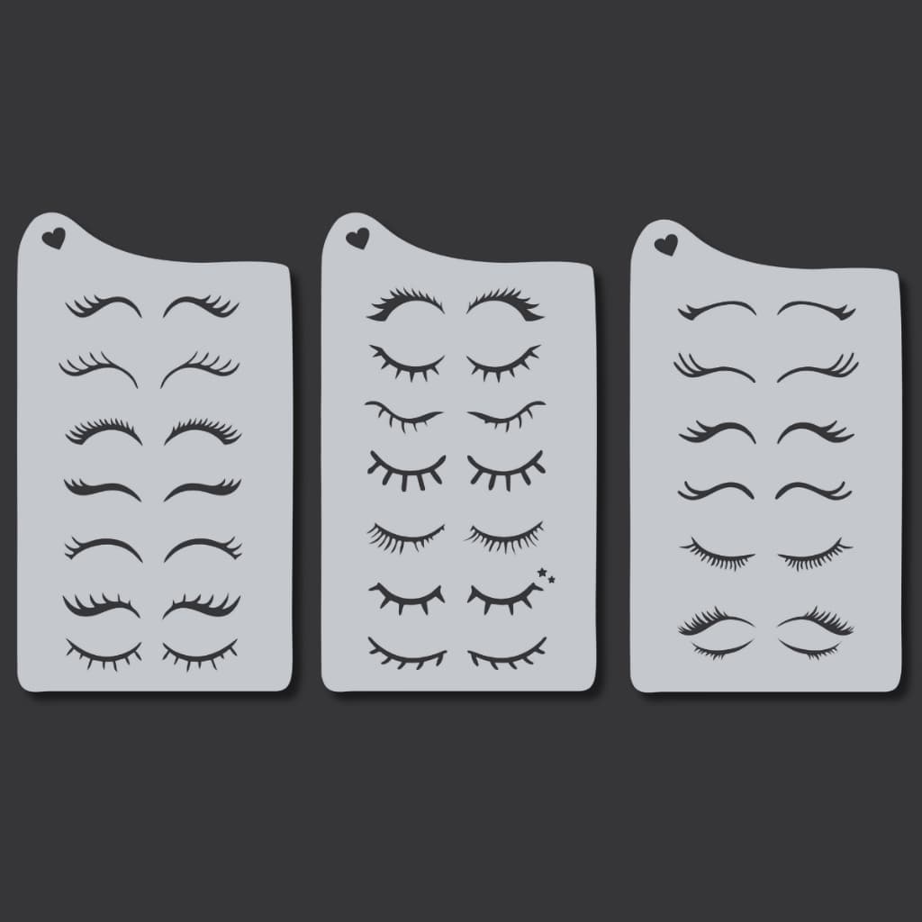 Kit 21 Stencil Olhos e Cilíos Fofo Molde Vazado Pintura Olhinhos para Tecido Pano Prato Confeitaria