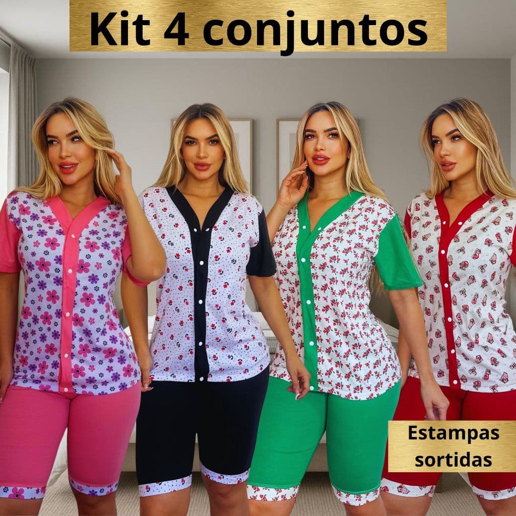 Kit 4 Conjunto Pijama Botao Pescador} 100% Algodão Babydool Feminino Dormir Confortável Capri Malha