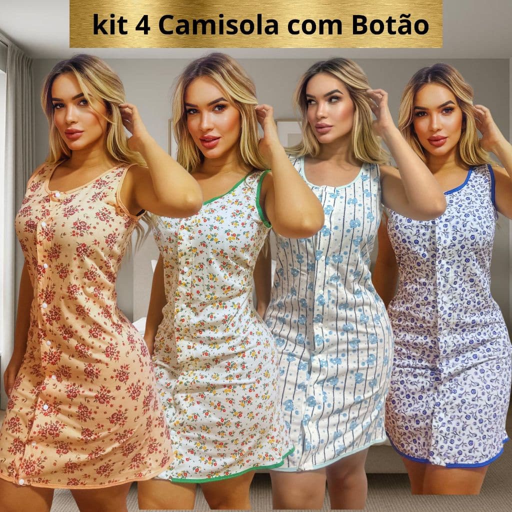 Kit 4 Camisola Com Botão} 100% Algodão Babydool Feminino Dormi Camisola Botao Gravida Pos Cirurgico