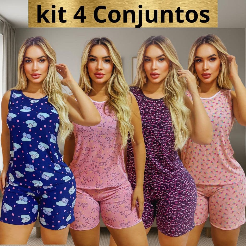Kit 4 Conjunto Pijama Regata Liga Light Feminino Dormir Confortável  Capri Short  Pescador Liga Nete