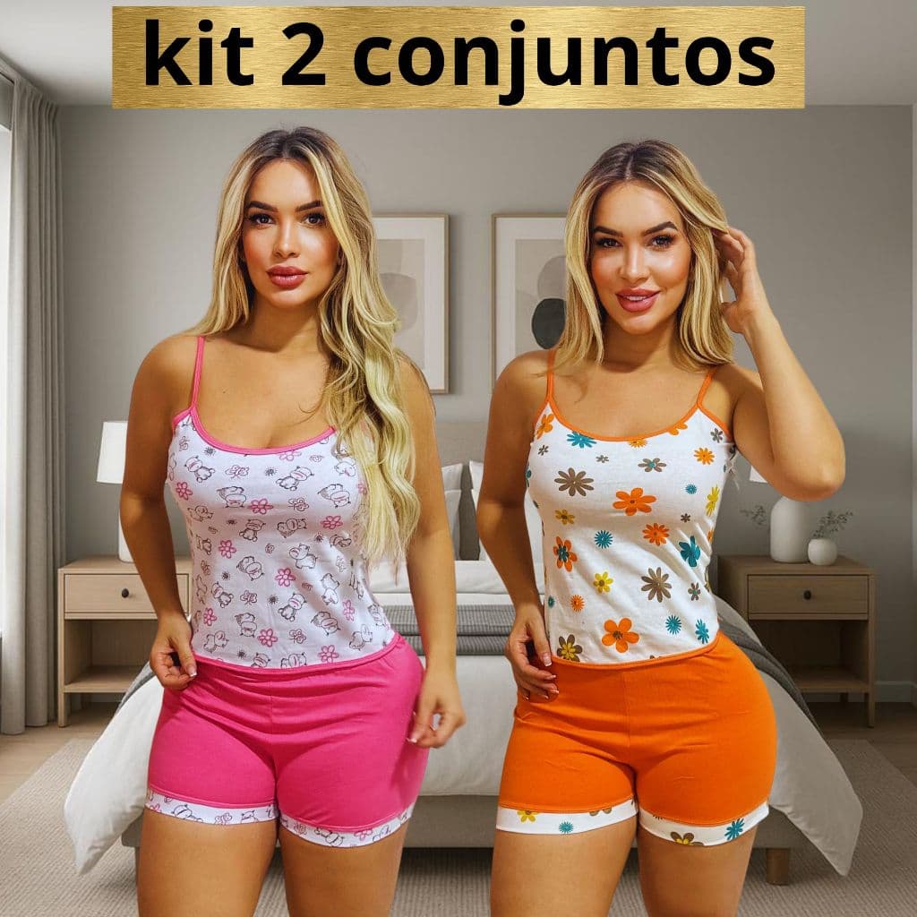 kit 2 Conjunto Pijamas Alcinha Malha} 100% Algodão Babydool Feminino Dormi Short Dool  Verão
