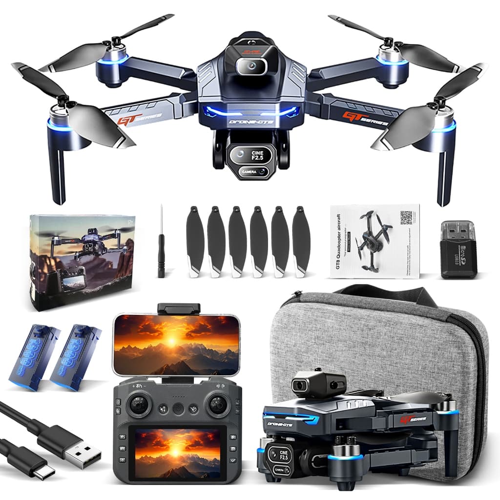 Drone GT8 Com Tela, Câmera HD – Motor Brushless, Evita Obstáculos, Dobrável 2 Bateria