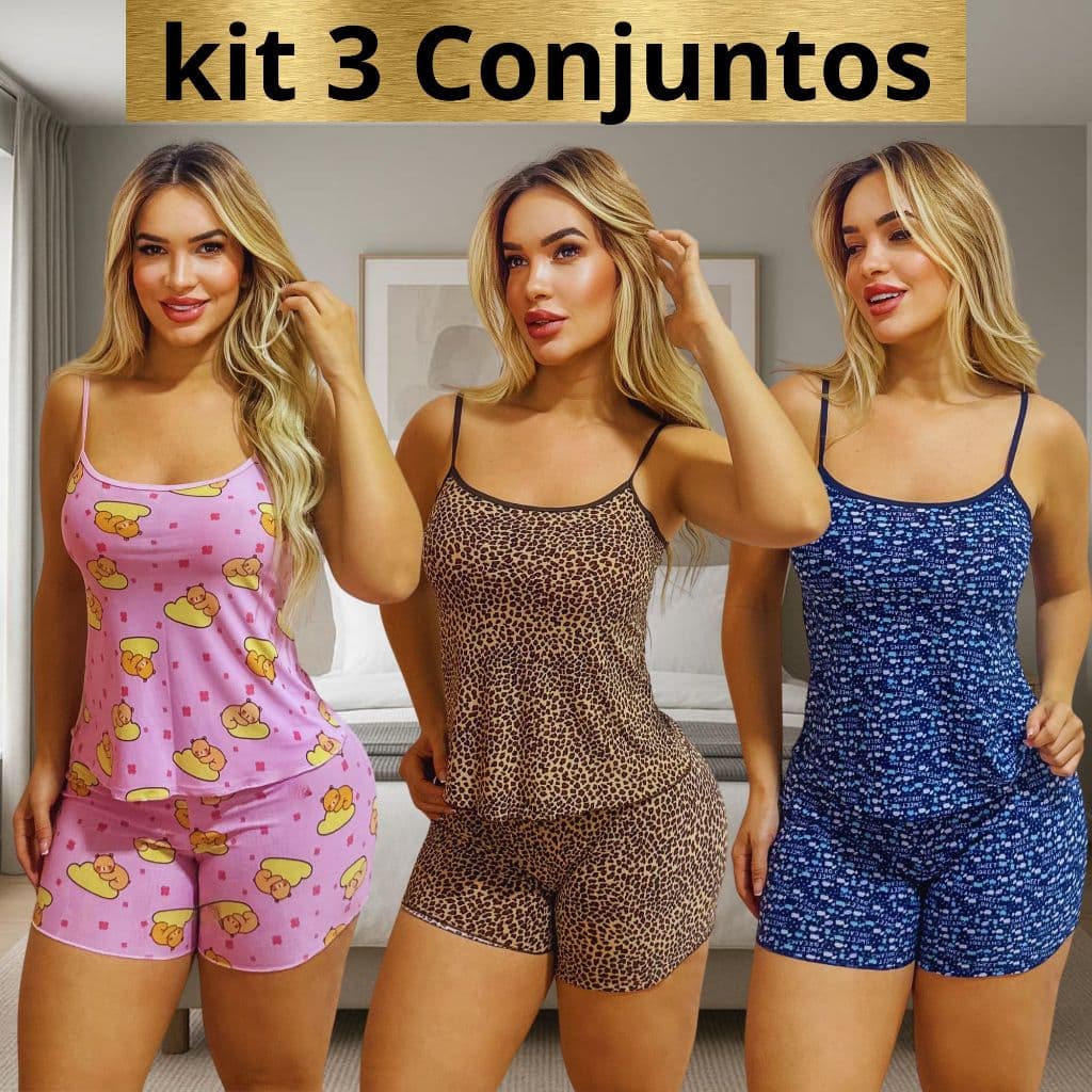 Kit 3 Conjunto Pijamas Alça Liga Light Feminino Dormir Confortável Babydoll Liga Nete Short Curto