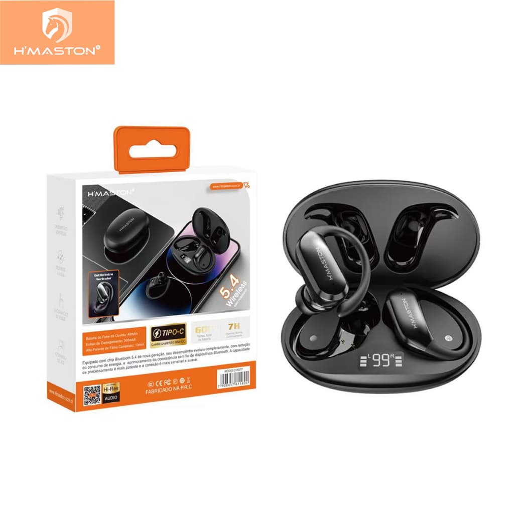 H'maston RS-77 Fone De Ouvido Sem Fio TWS 7H Bluetooth Wireless 5.4 Tipo-C Luz LED