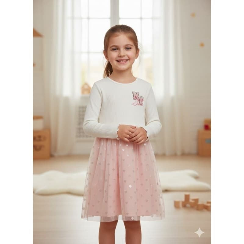 Vestido Infantil Canelado com Tule de Corações / Vestido Bailarina