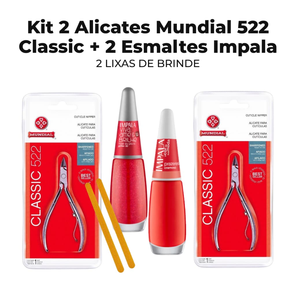 Kit Manicure 2 Alicates Mundial 522 Inox + 2 Esmaltes Impala Vermelhos + 2 Lixas Unhas Perfeitas