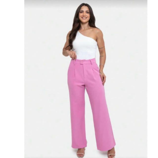 Calça Alfaiataria Feminina Elegante Zíper Bolso Botão Várias Cores