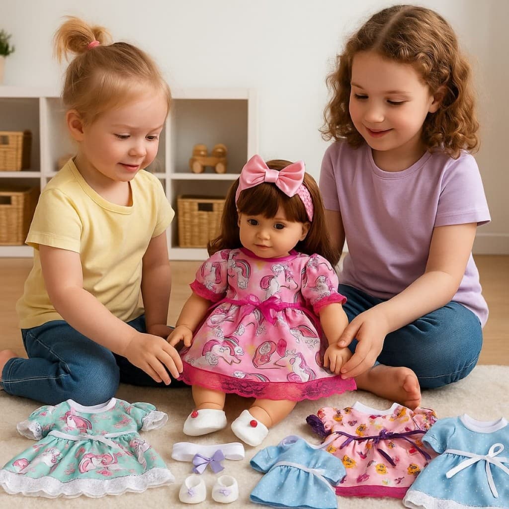 kit com 6 peças para boneca bebe reborn veste 35 a 48cm - vestido + tiara + calcinha