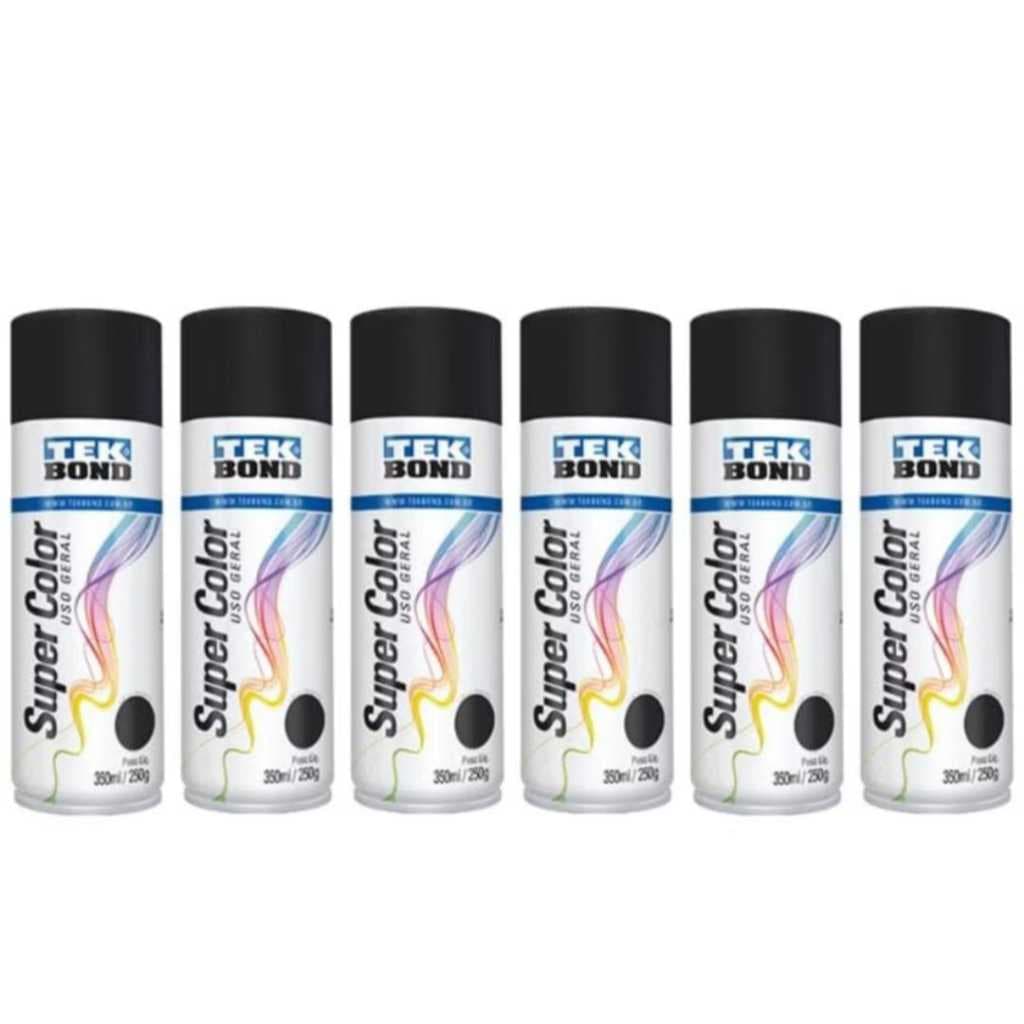 Tintas Spray Preto Brilhante 350ml - Tekbond, kit com 6 unidades