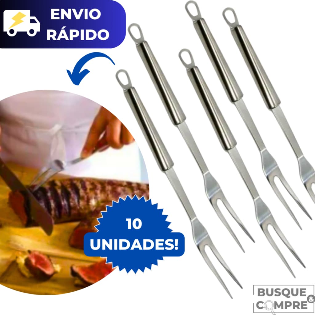 10 Garfos Trinchante de Aço Inox para Churrasco Assados Carne Linguiça Utensilio Garfo Grande