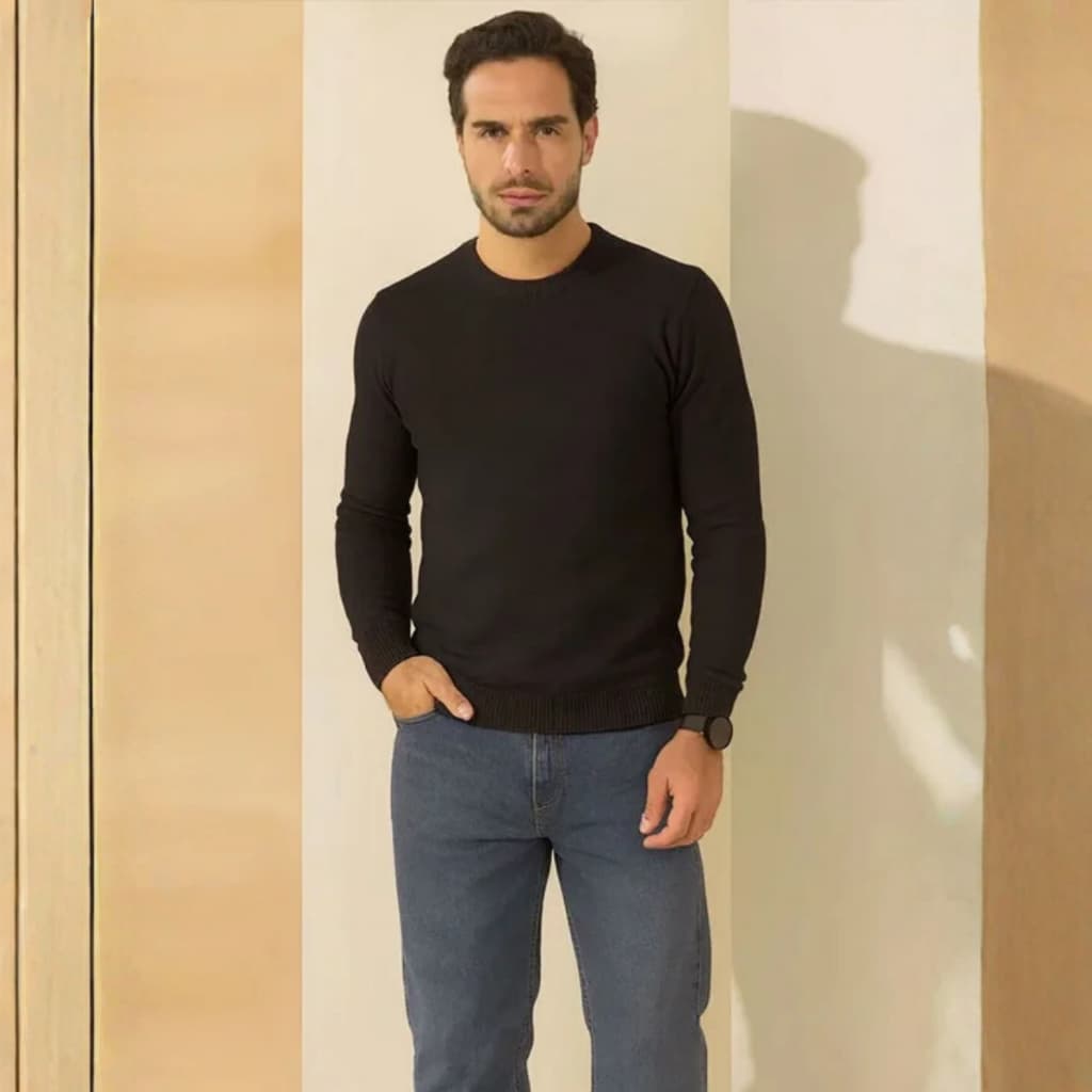 Suéter Masculino Blusa de Fio Gola Redonda Punho e Barra Canelada Manga Longa Casaco