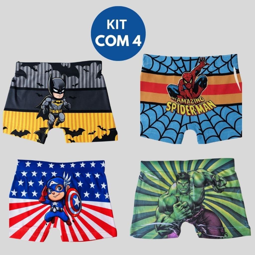 Kit 4 Cuecas Box Boxer Menino Infantil Microfibra Personagens Personagem Estampada