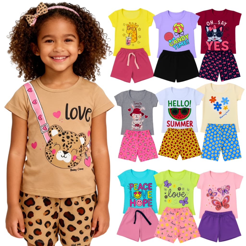 Kit 6 Peças de Roupas Infantil Menina Sortido - 3 Camisetas e 3 Bermudas - Conjuntos Verão