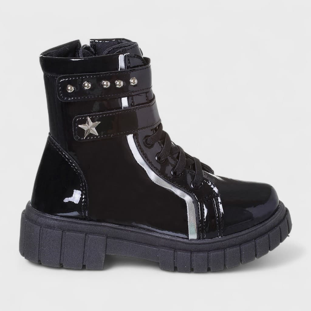 Bota Infantil Coturno Menina Com Fechamento Duplo Confortável Original Preto Verniz