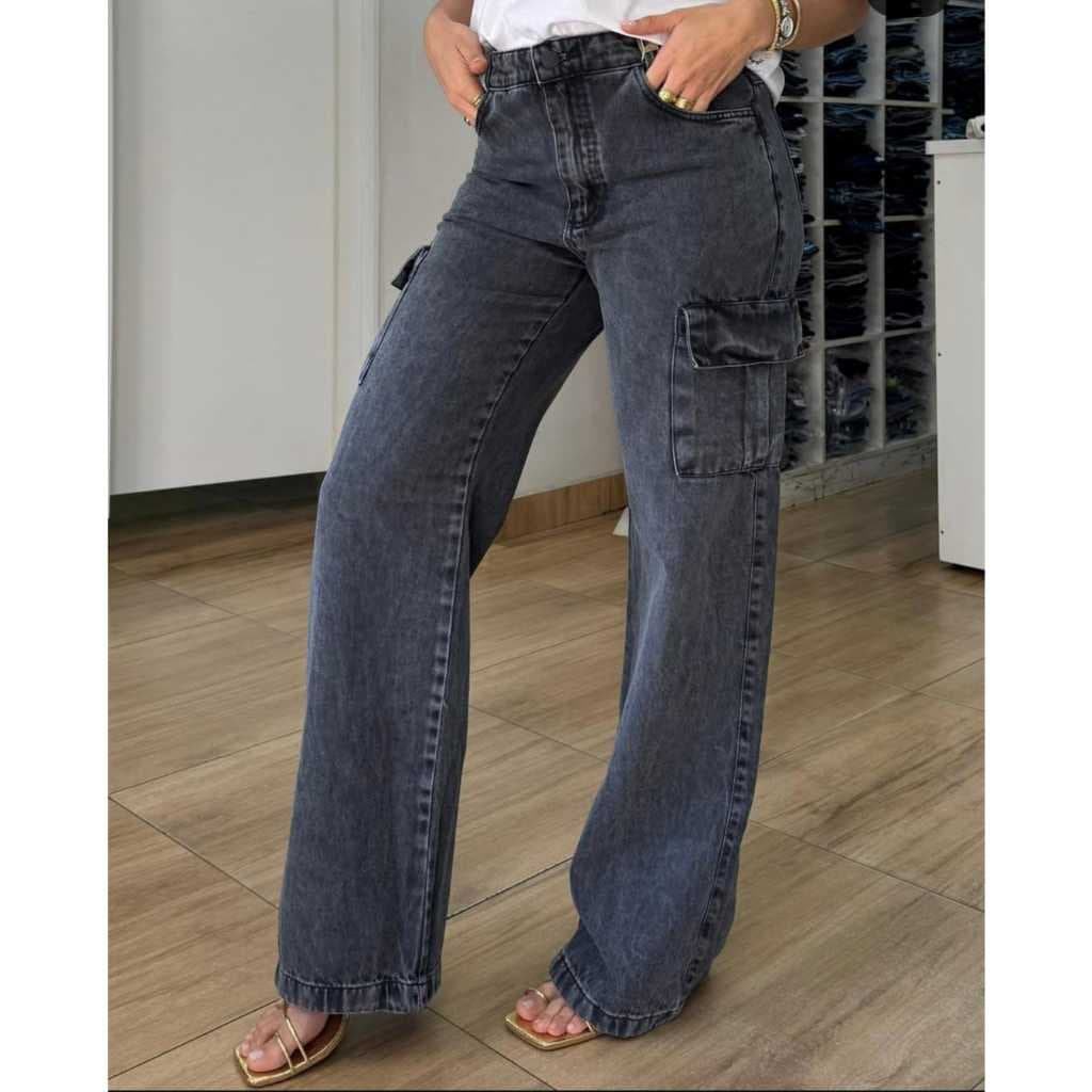Calça jeans cargo feminina adulto varias cores cintura alta bolsos laterais - a turma da celeste
