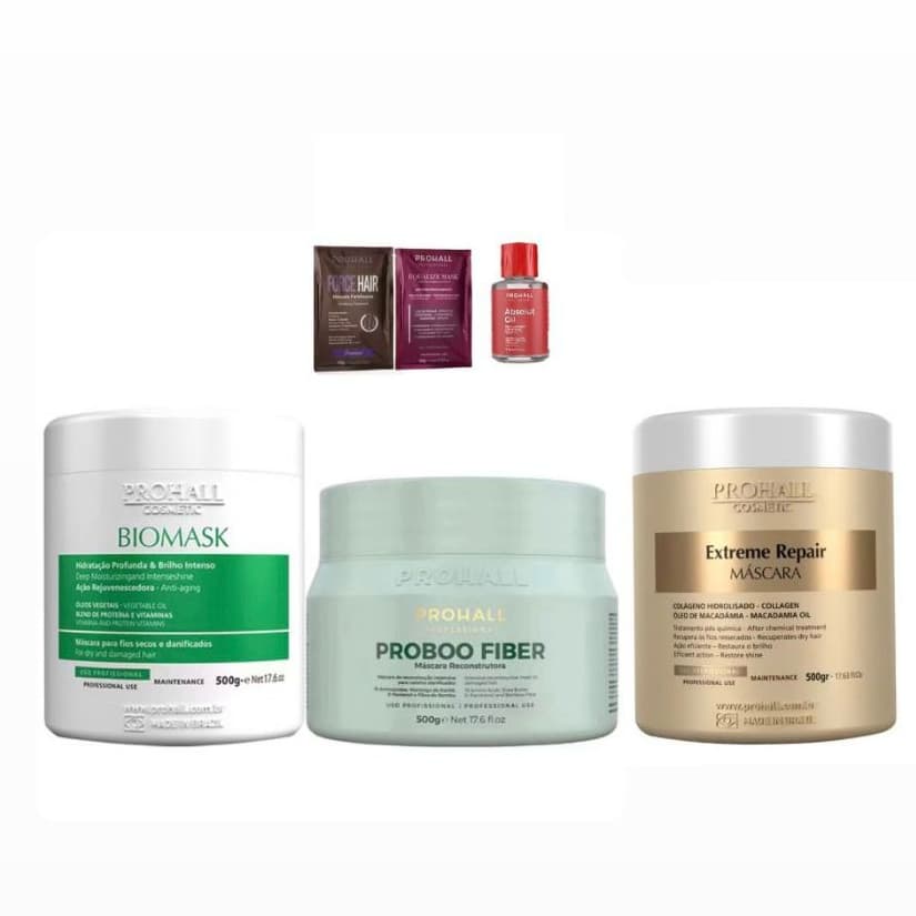 Cronograma Capilar Prohall-Proboo Fiber 500 gr+ Extreme Repair 500 gr+ Biomask Máscara 500 gr+ 2 sachês+ 1 absolut oil