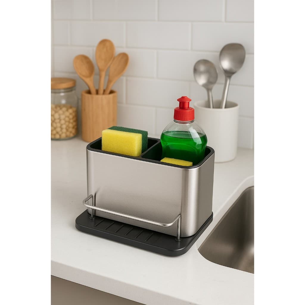 Organizador Pia Aço Inox Porta Detergente Esponja Bucha Suporte Bancada Cozinha Compacto