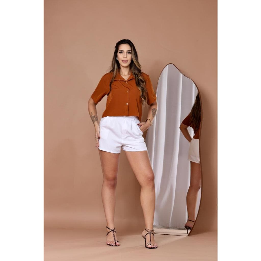 Blusa curta Feminina Camisa Social Con Manga Curta LISO Moda Praia
