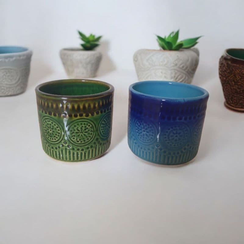 Kit 2 Cachepôs Embia Verde e Azul em Cerâmica Para Plantas