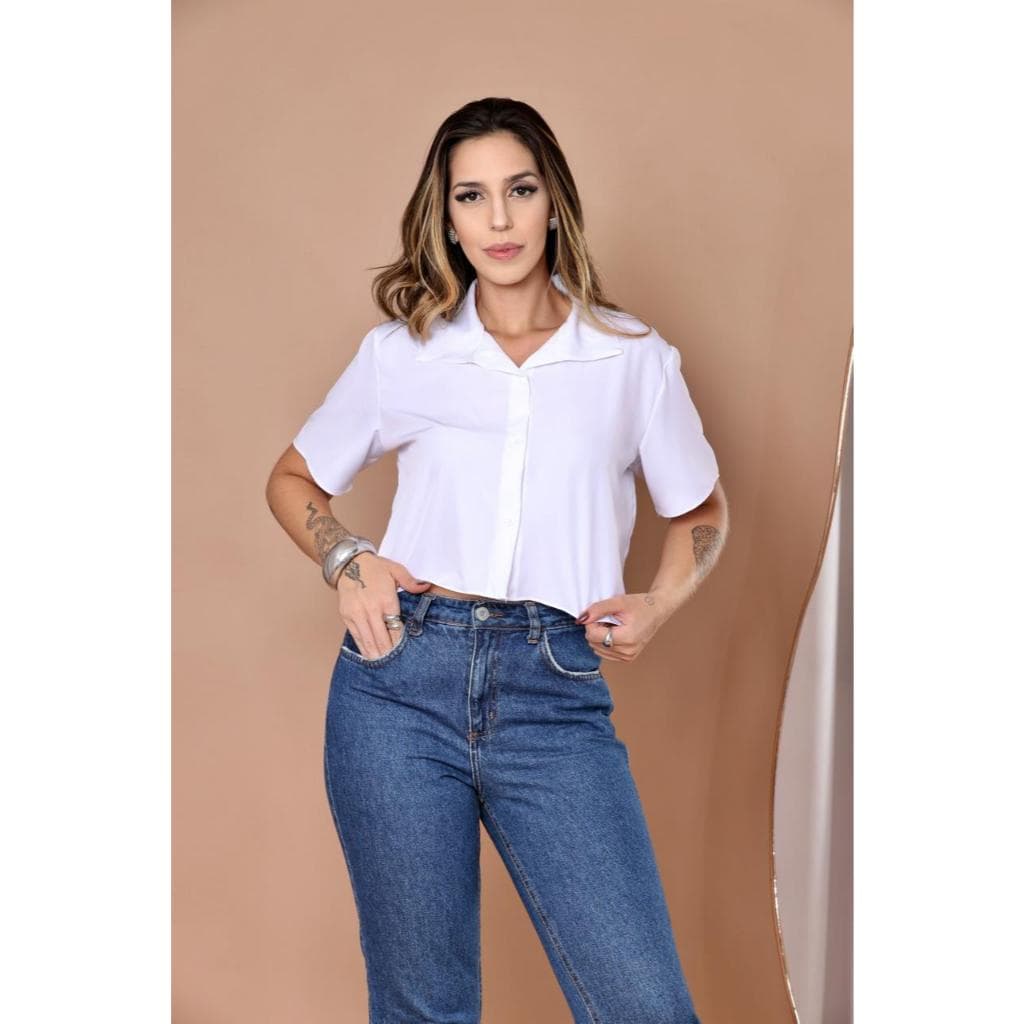Blusa curta Feminina Camisa Social Con Manga Curta LISO Moda Praia
