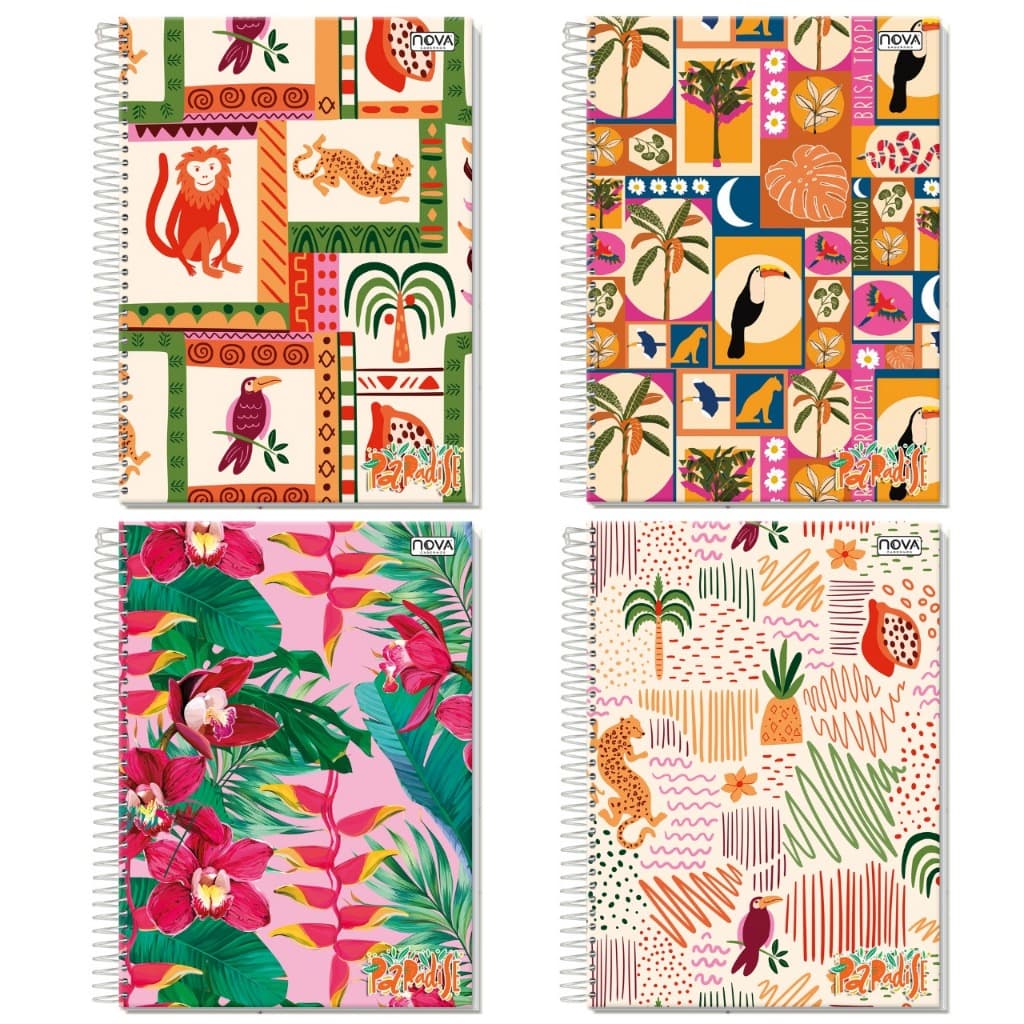 Kit Caderno Capa Dura Universitário Tropical 1 e 10 Matérias 80 e 160 Folhas Espiral Papelaria Fofa