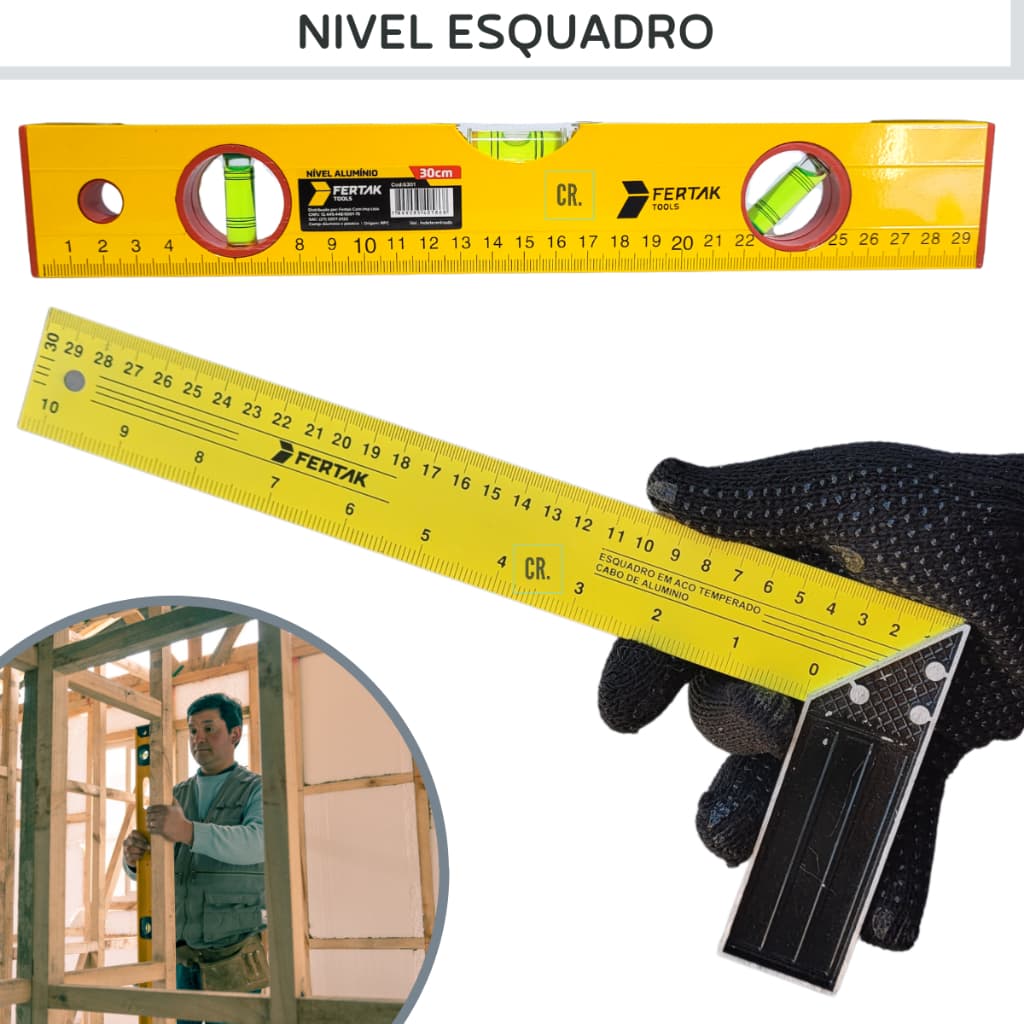 Esquadro Profissional em Aço Temperado e Cabo Aluminio ou Kit com Nivel de Aluminio 12" 30cm.