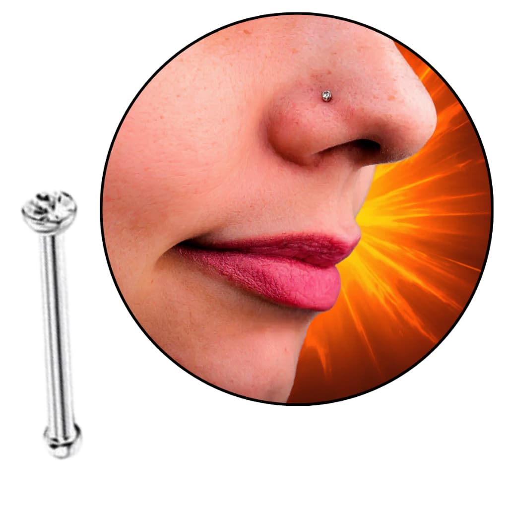 Piercing Nostril Reto Aço Cirúrgico Prata Strass - Sofisticação para seu Nariz Brilho Discreto