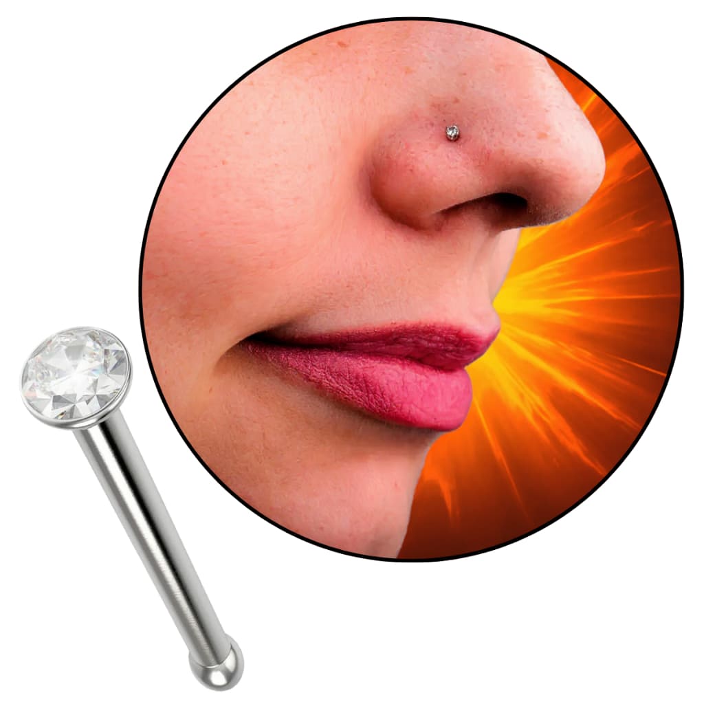 Piercing Nostril Reto Aço Cirúrgico Prata Strass - Sofisticação para seu Nariz Brilho