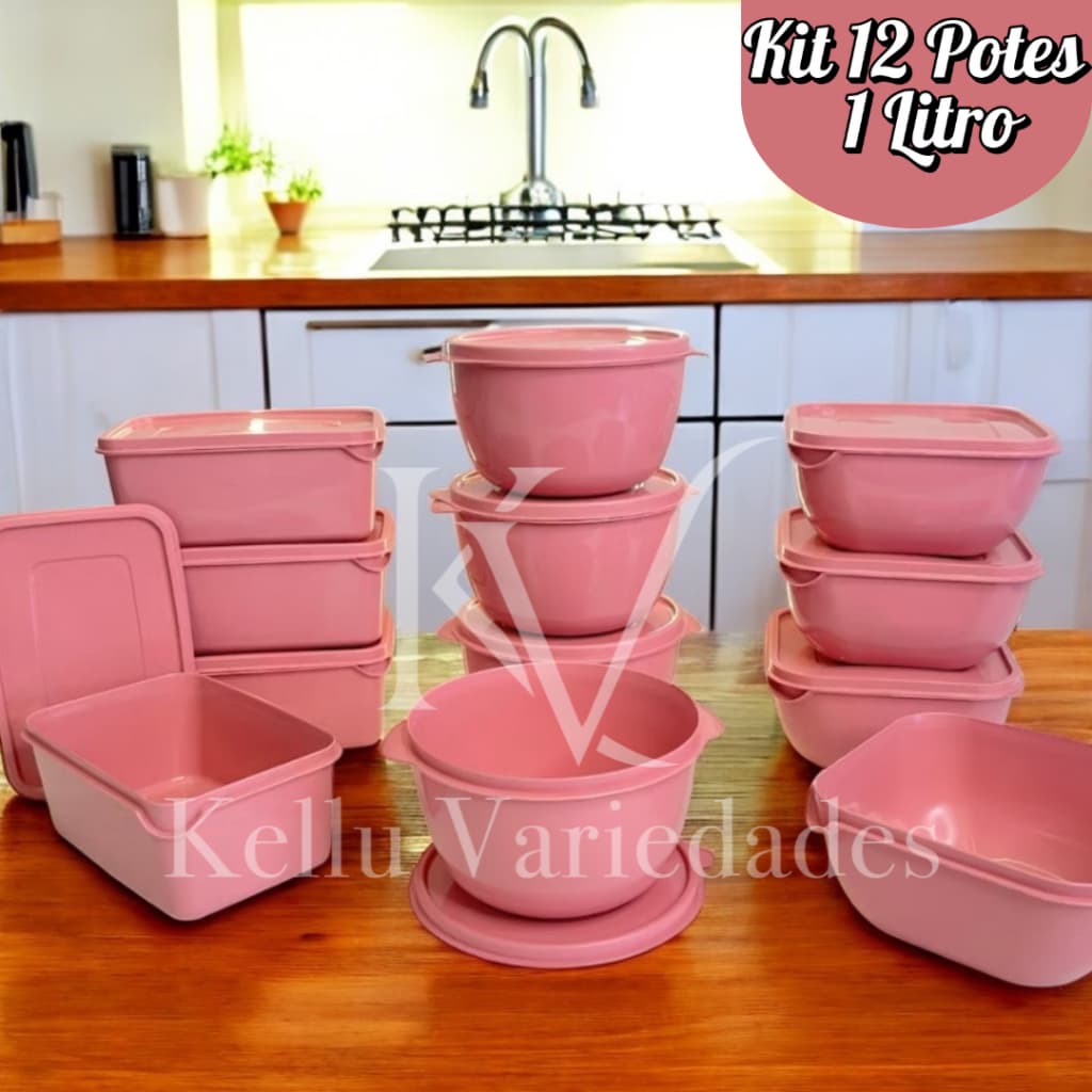Conjunto 12 Potes 1L com Tampa – Organizadores de Geladeira e Marmita Multiuso rosa, preto, azul