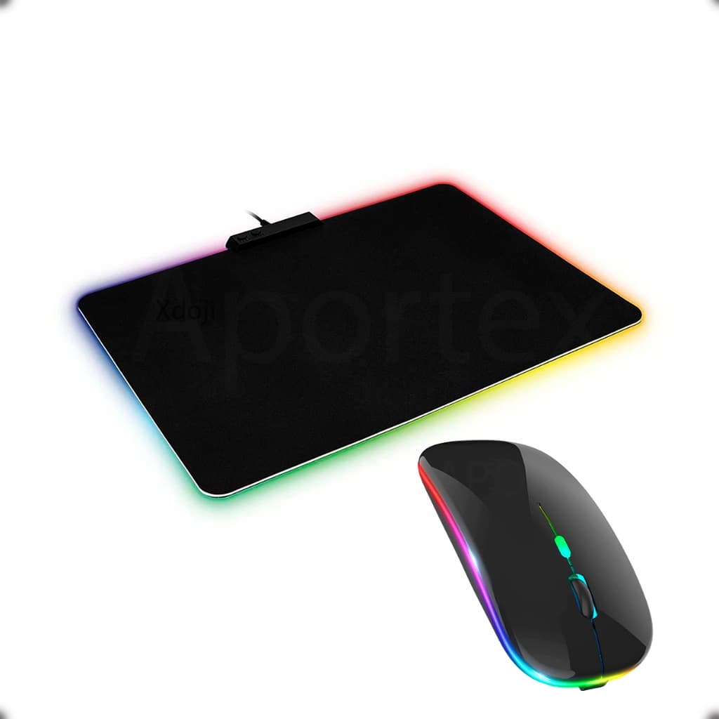 Kit Mouse Bluetooth Wireless Sem Fio USB + Mousepad Preto Tecido Speed  RGB 35x25
