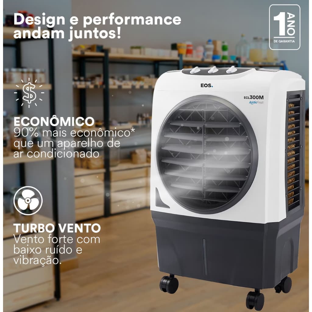 Climatizador de Ar Profissional EOS 30L ECL300M 4 em 1 Auto-Fill Sistema Colmeia 3 Velocidades Resfriamento Evaporativo